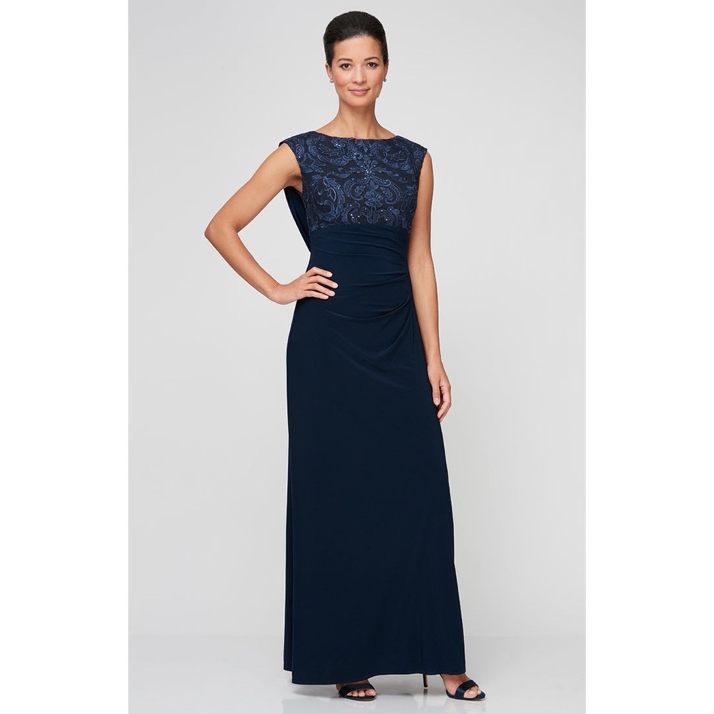 Alex Evenings Embroidered Sequin Lace Empire Waist Dress Cowl Back Navy Size 6